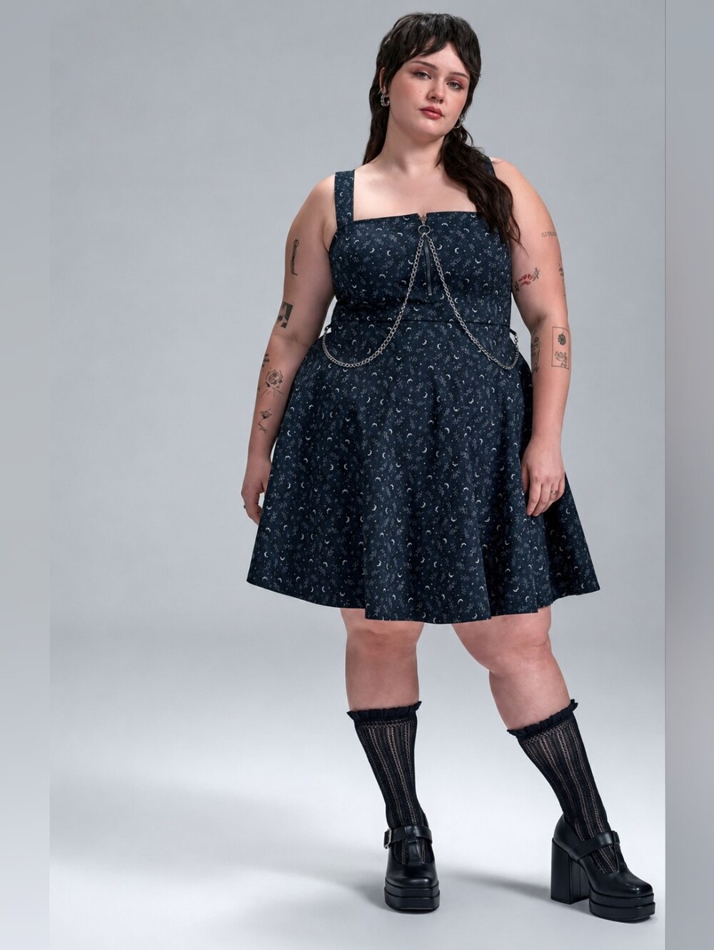 Black Crescent Print Chain-Accent Dress